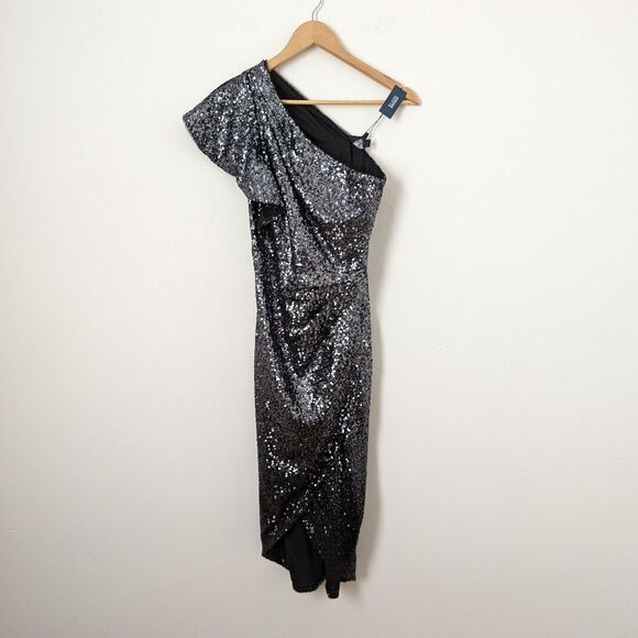 NWT Marchesa Notte grey black gunmetal sequin one shoulder wrap tea length dress - Picture 2 of 6